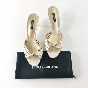 Vintage Dolce & Gabbana Bow Perforated Leather Slip On Kitten Heel Mules 37.5
